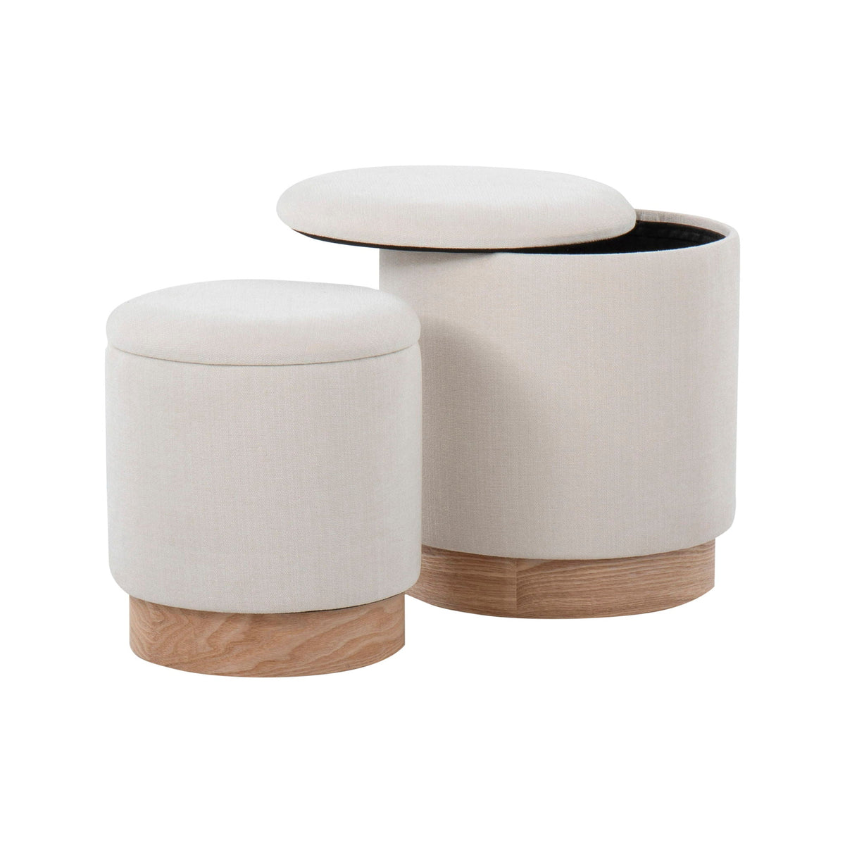 Nesting ottoman set with cushioned beige tops and wood bases, 2-piece by HouseOfZazla on Tampa Home & Garden Store