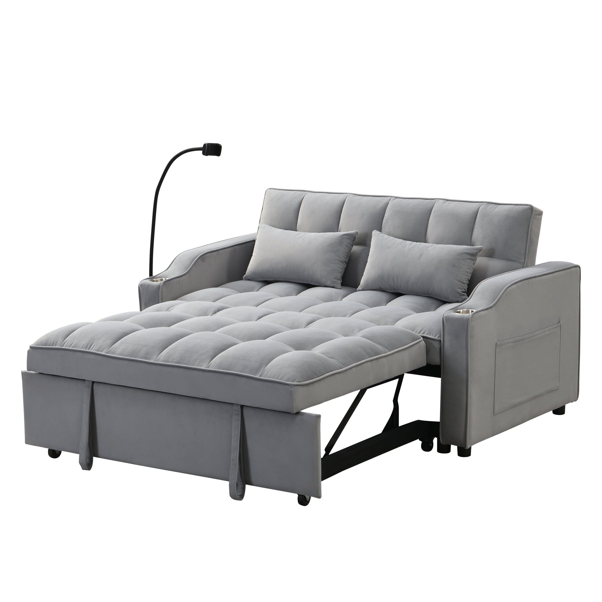 Modern velvet loveseat futon sofa with pullout bed by HouseOfZazla in gray tufted upholstery on Tampa Home & Garden Store
