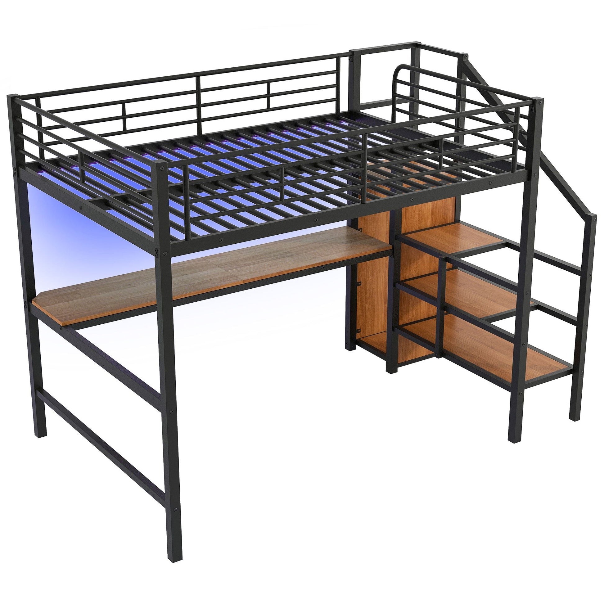 Loft bed with desk by HouseOfZazla, black metal frame, storage staircase and LED light on Tampa Home & Garden Store