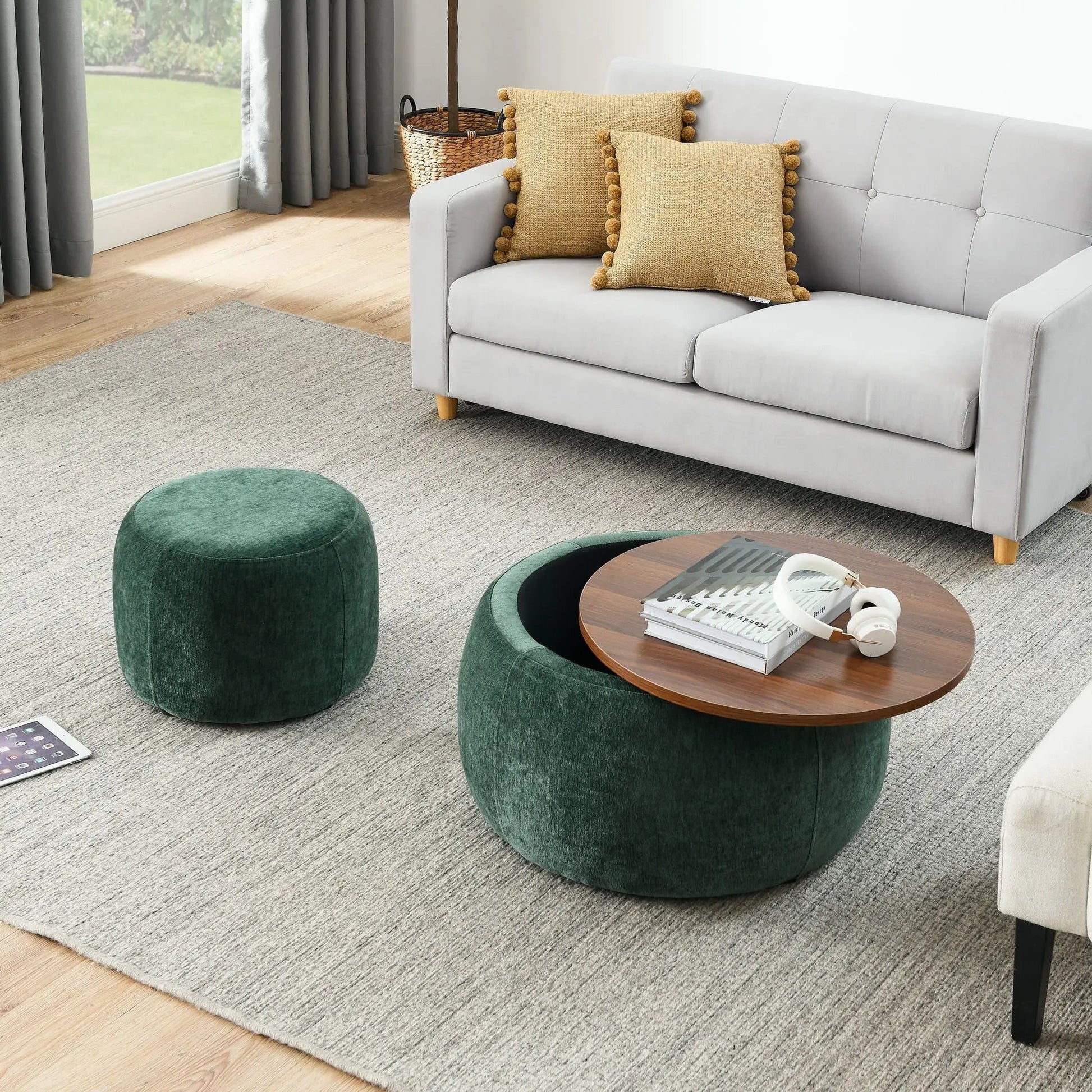 Round storage ottoman 2-in-1 end table and ottoman, emerald green fabric, 2-Piece Set on Tampa Home & Garden Store