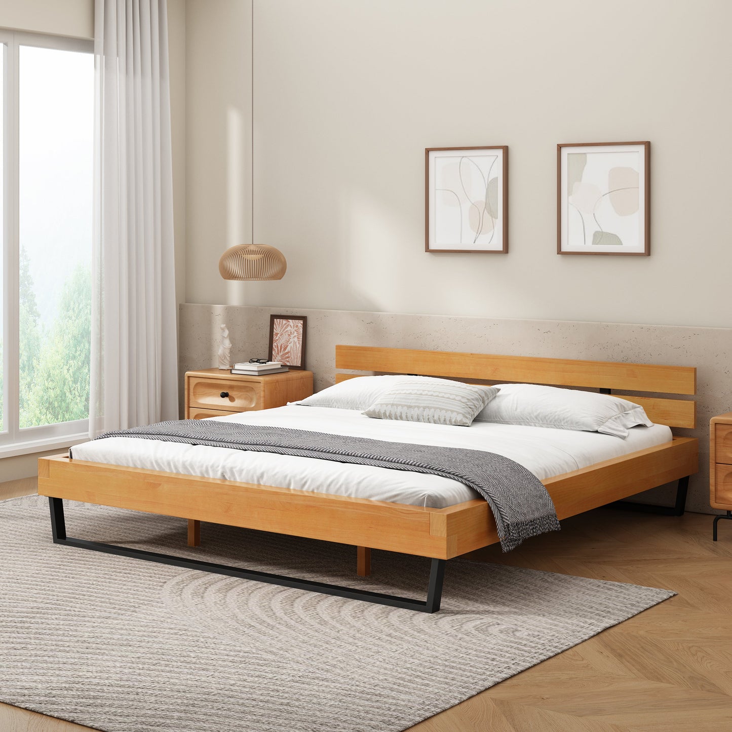 Solid Pine Wood Bed Frame and Black Accents