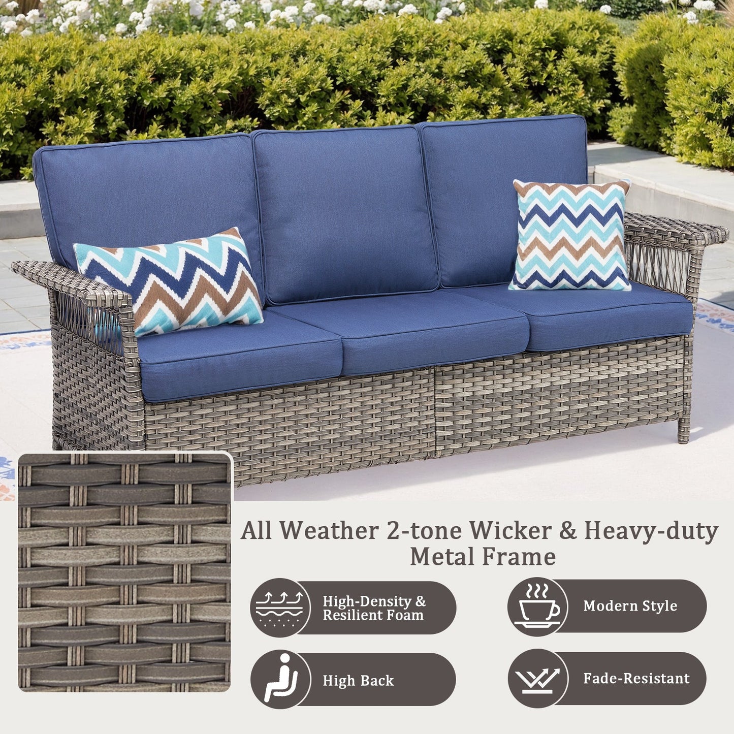 76.7-inch Wide Outdoor Wicker Patio Sofa with Armrests, blue cushions, HouseOfZazla on Tampa Home & Garden Store