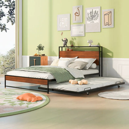 Platform Bed Frame With Trundle and USB Ports