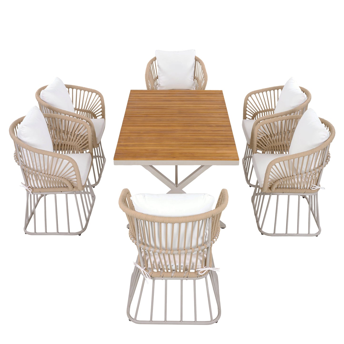 Outdoor 7-Piece Dining Set with rectangular teak table and 6 wicker chairs on Tampa Home & Garden Store