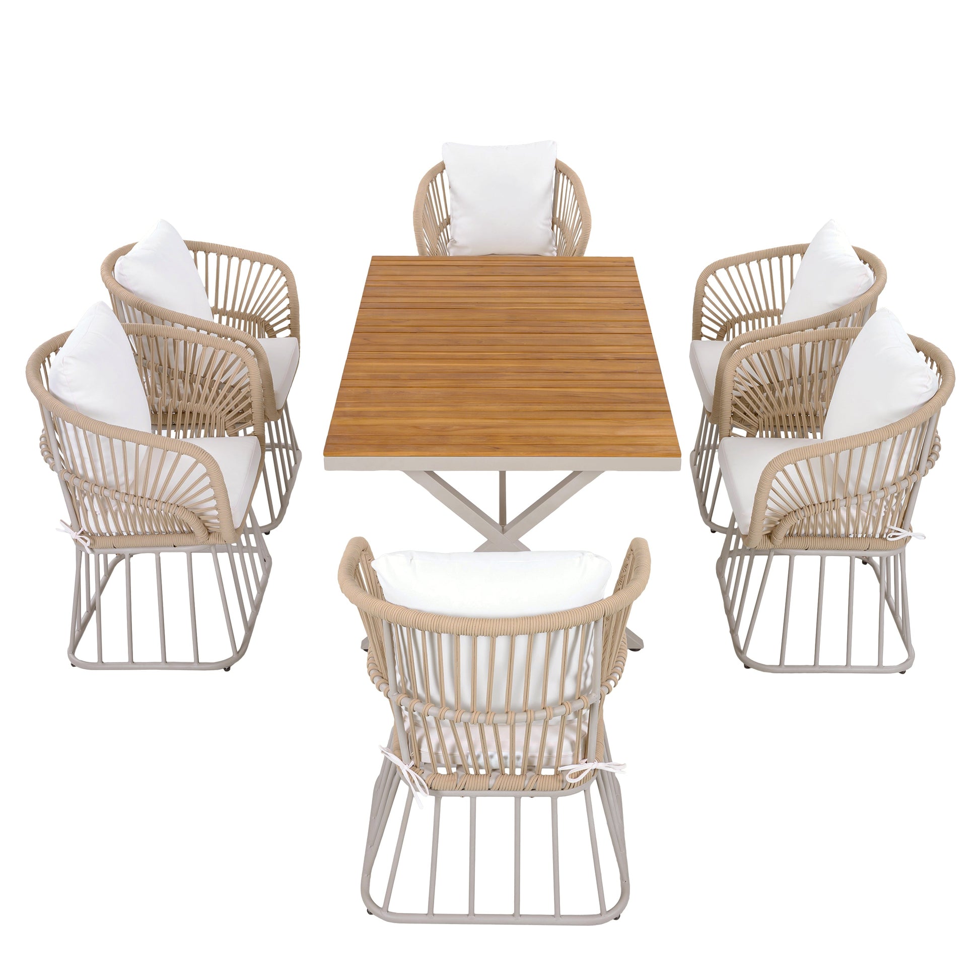 Outdoor 7-Piece Dining Set with rectangular teak table and 6 wicker chairs on Tampa Home & Garden Store
