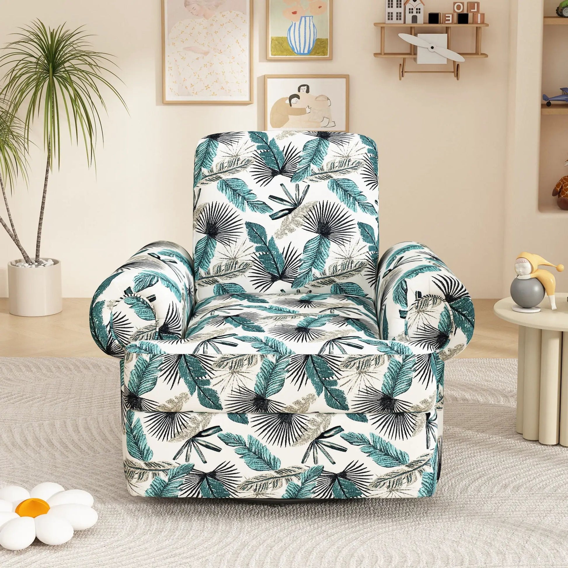 Manual swivel rocker chair adjustable backrest teal palm-leaf fabric upholstery on Tampa Home & Garden Store