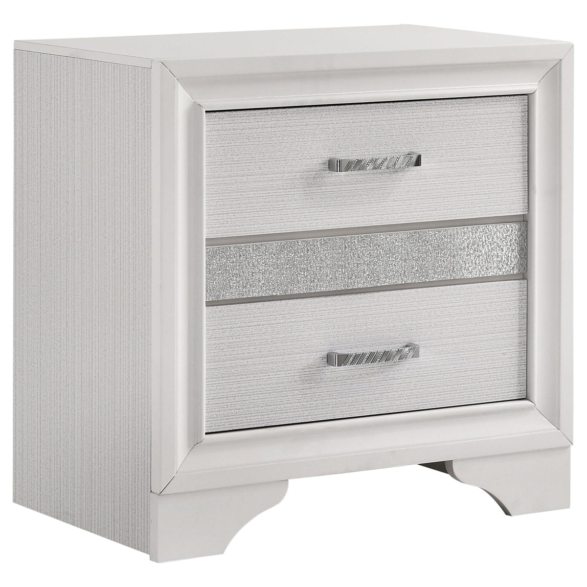 Annie 4 Piece Bedroom Set dresser with textured silver drawer fronts and chrome pulls on Tampa Home & Garden Store