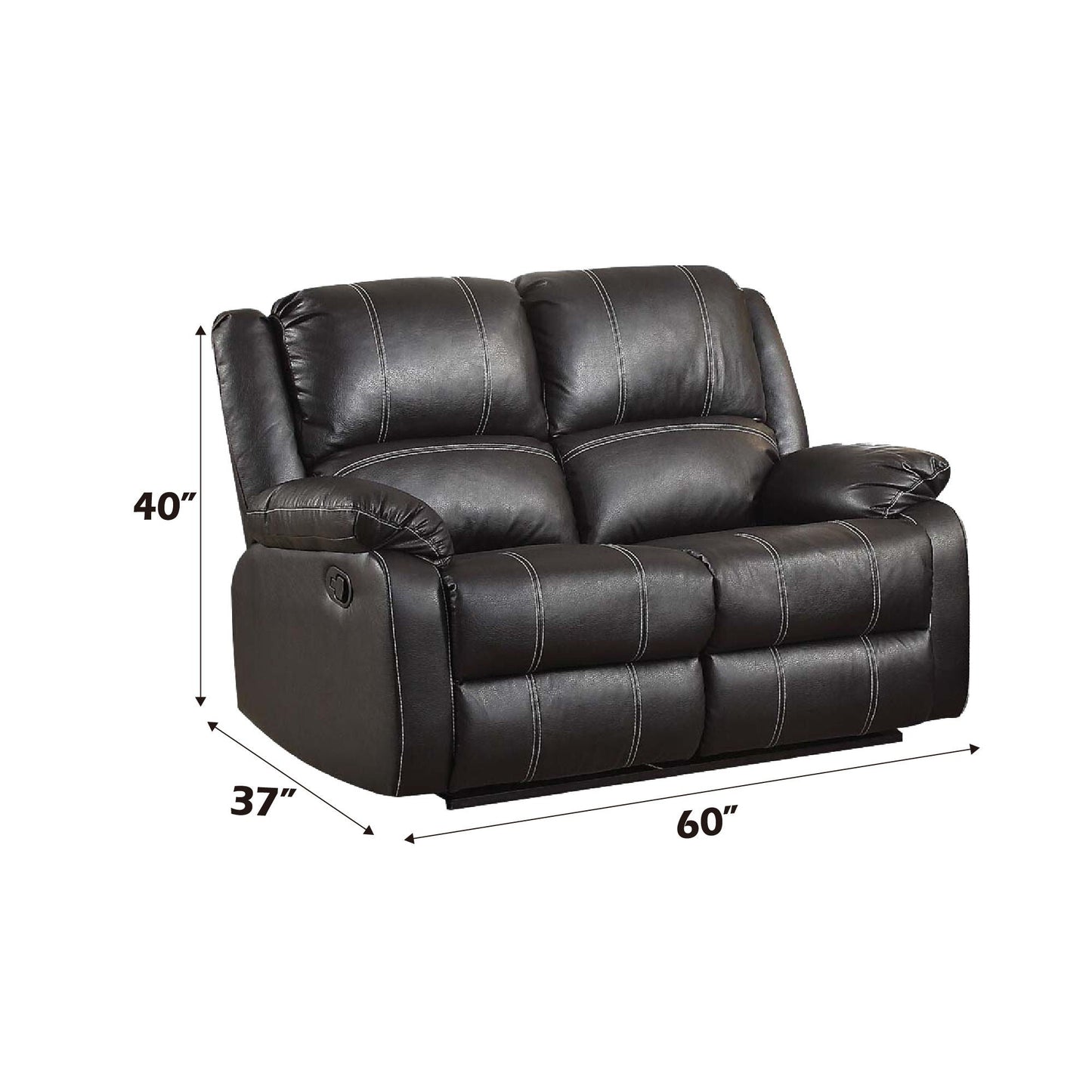 Zuriel Synthetic Recliner Loveseat HouseOfZazla dark faux leather with white stitching on Tampa Home & Garden Store