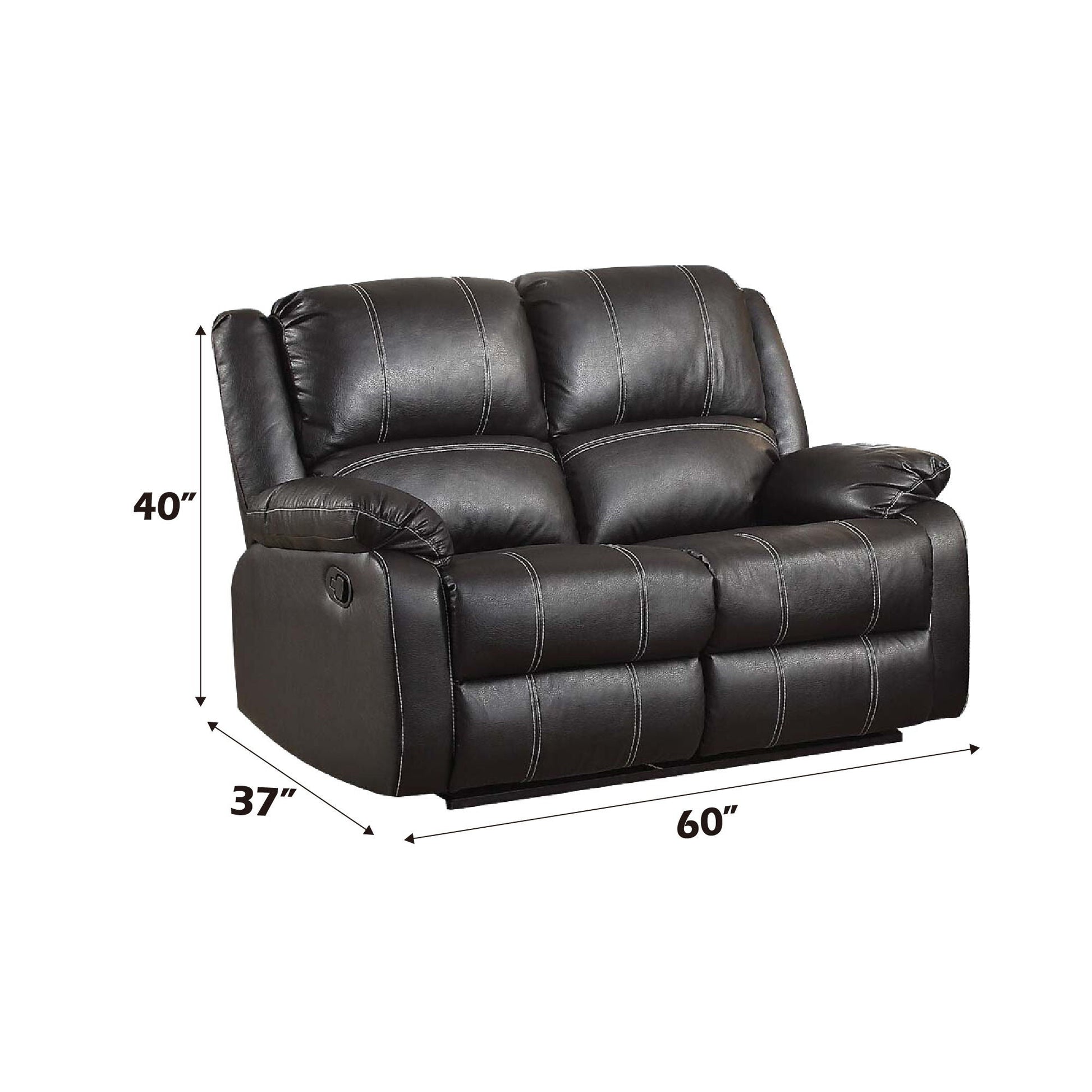 Zuriel Synthetic Recliner Loveseat HouseOfZazla dark faux leather with white stitching on Tampa Home & Garden Store