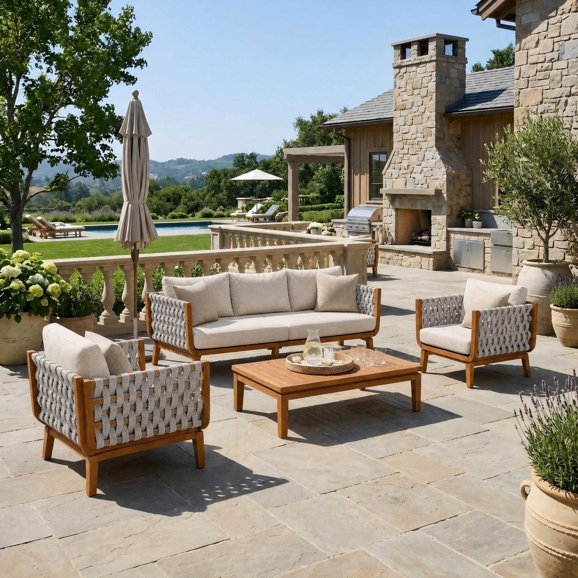 4 Pcs Outdoor Patio Furniture Set with beige cushions and woven rope backs by HouseOfZazla on Tampa Home & Garden Store