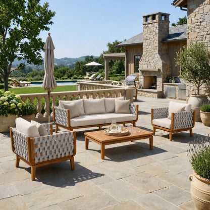 4 Pcs Outdoor Patio Furniture Set with beige cushions and woven rope backs by HouseOfZazla on Tampa Home & Garden Store