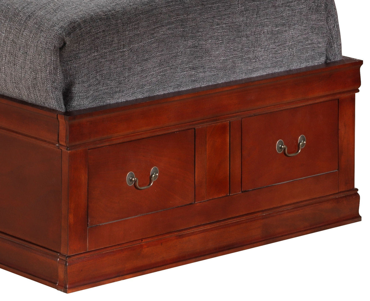Traditional bookcase storage bed in dark cherry with gray fabric top and metal pulls on Tampa Home & Garden Store