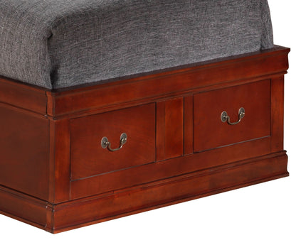 Traditional bookcase storage bed in dark cherry with gray fabric top and metal pulls on Tampa Home & Garden Store