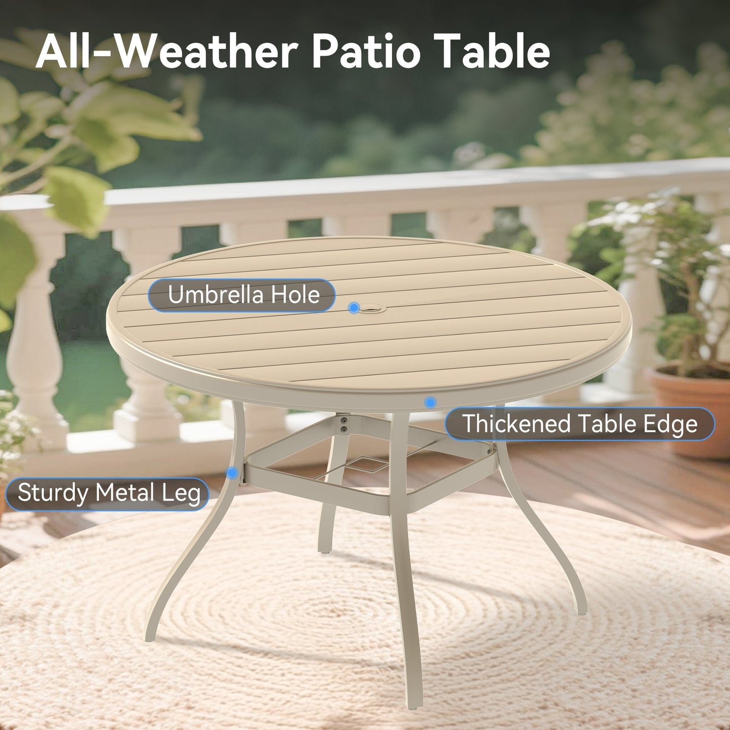 7 Pieces Patio Dining Set tan table with thickened edge and umbrella hole on sturdy legs on Tampa Home & Garden Store