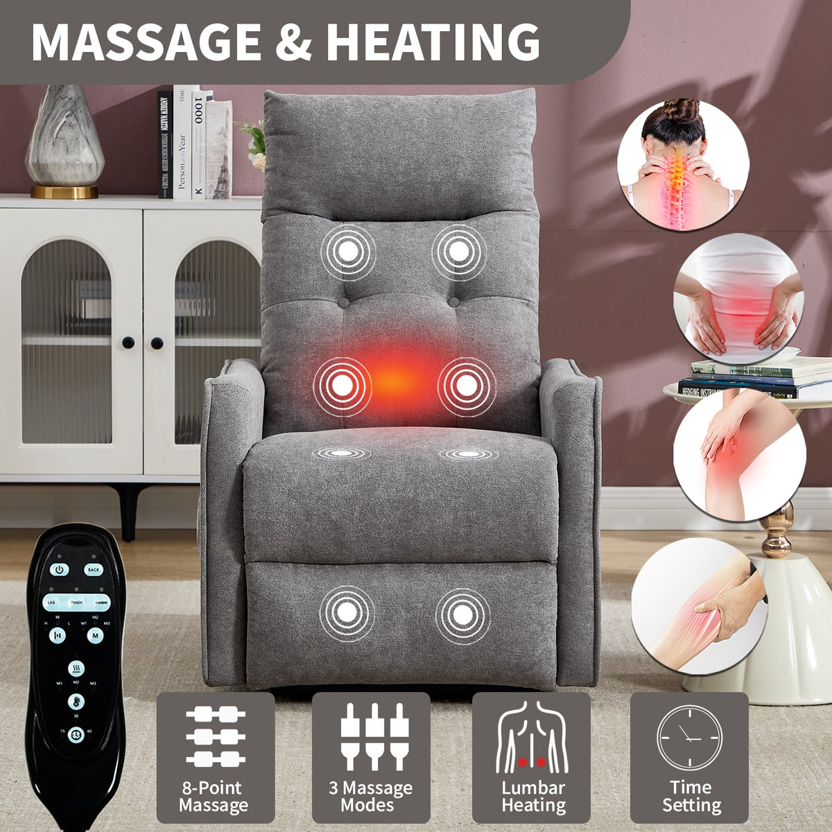 Comfortmax single motor lift recliner chair in gray fabric with massage and lumbar heat on Tampa Home & Garden Store