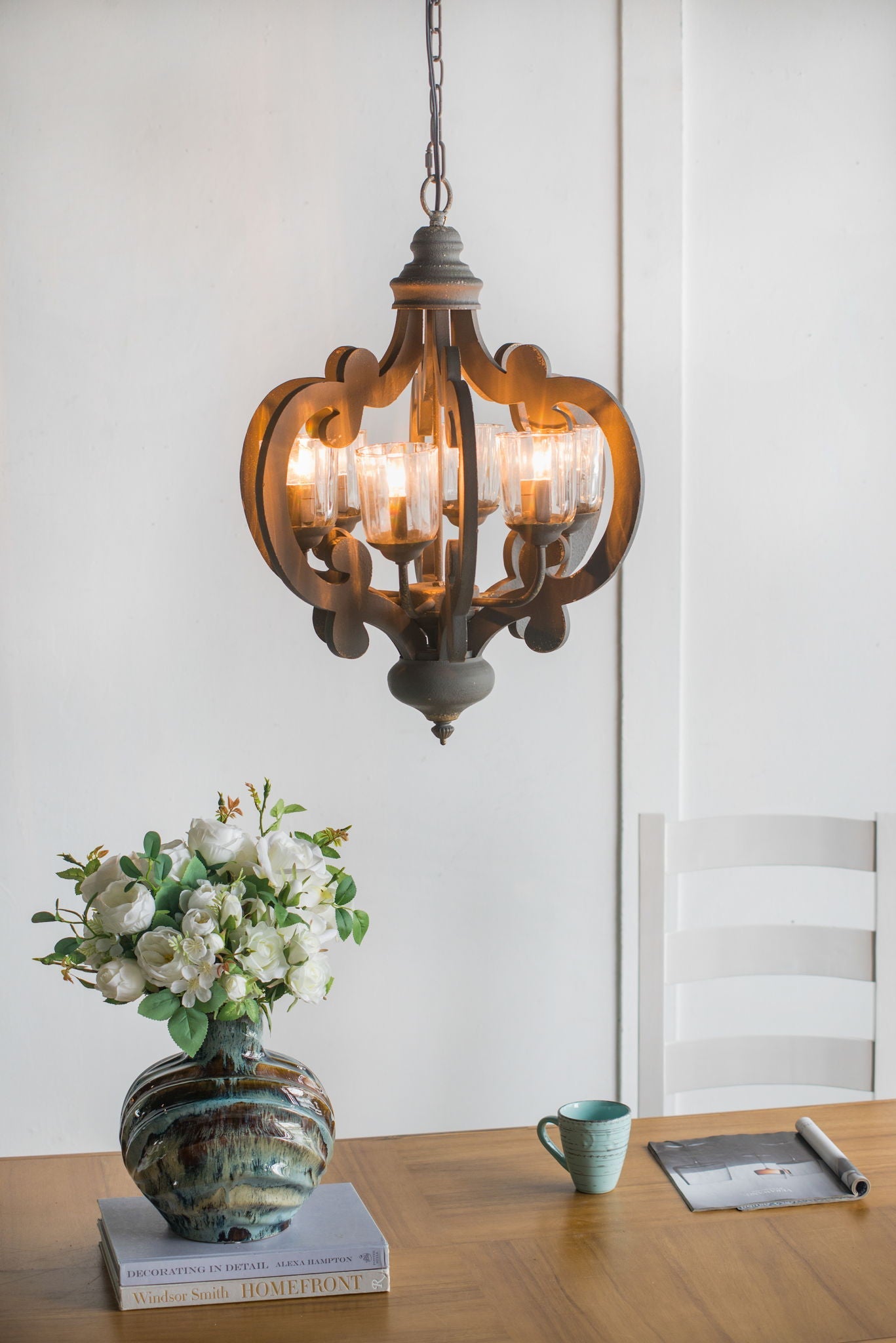 Farmhouse Chandelier With 6 Light Wood Pendant