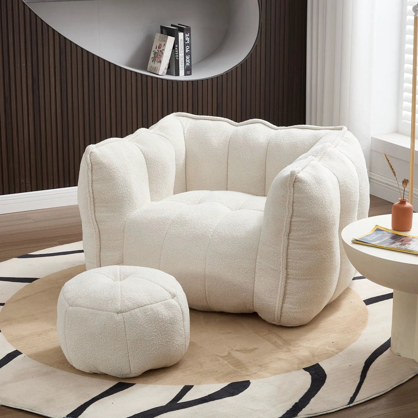 Soft bean bag chair with high resilient foam and matching ottoman in cream on Tampa Home & Garden Store