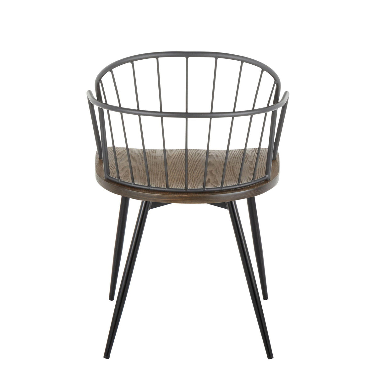 Farmhouse spindle-back arm chair set of 2 with dark brown wood seats and gray metal frames on Tampa Home & Garden Store