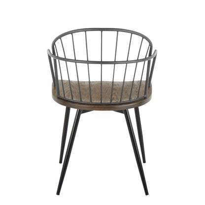 Farmhouse spindle-back arm chair set of 2 with dark brown wood seats and gray metal frames on Tampa Home & Garden Store