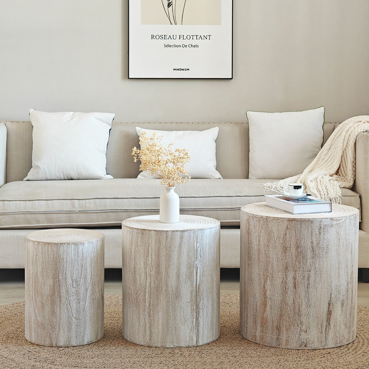 Cylinder Nesting Tables set of 3 in natural engineered wood finish by HouseOfZazla on Tampa Home & Garden Store