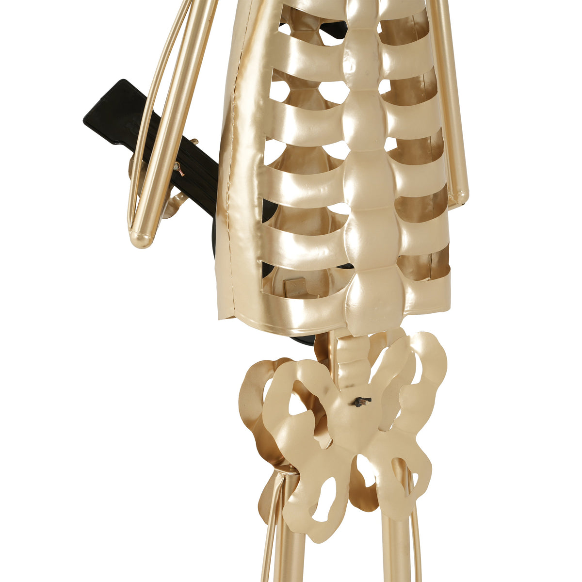 Black Metal Skeleton Musician and Top Hat Statue by HouseOfZazla, gold-tone skeleton with open rib cage on Tampa Home & Garden Store