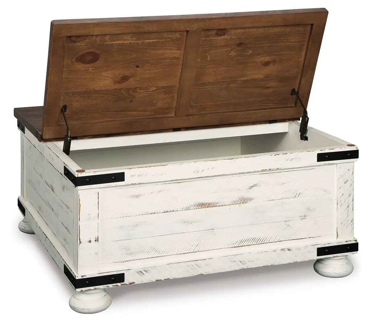 Wystfield cocktail table with storage, white distressed base and brown lift-top lid on Tampa Home & Garden Store