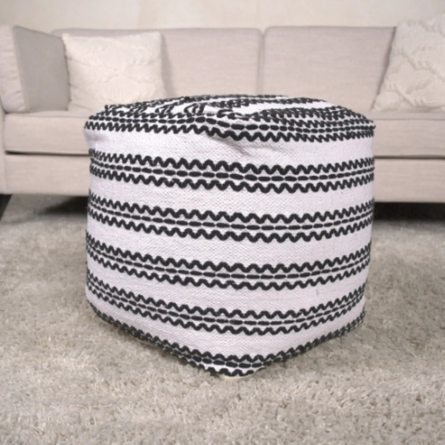 Lani fabric pouf in natural cotton with black zigzag pattern by Unique Piece Furniture on Tampa Home & Garden Store