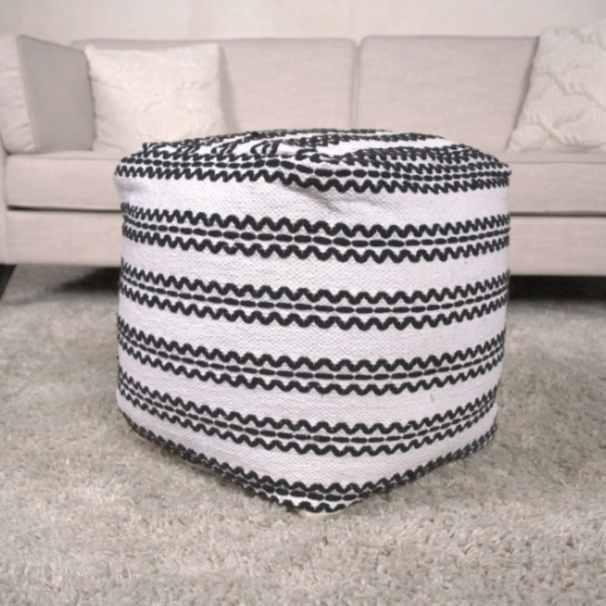 Lani fabric pouf in natural cotton with black zigzag pattern by Unique Piece Furniture on Tampa Home & Garden Store