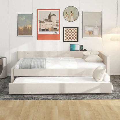 Beige platform bed with USB ports, low-profile frame by Unique Piece Furniture on Tampa Home & Garden Store