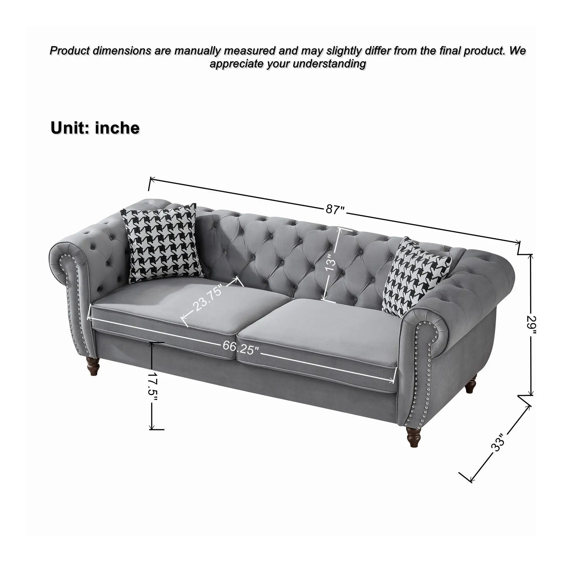 Chesterfield fabric sofa gray with roll arms and nailhead trim back Unique Piece Furniture on Tampa Home & Garden Store