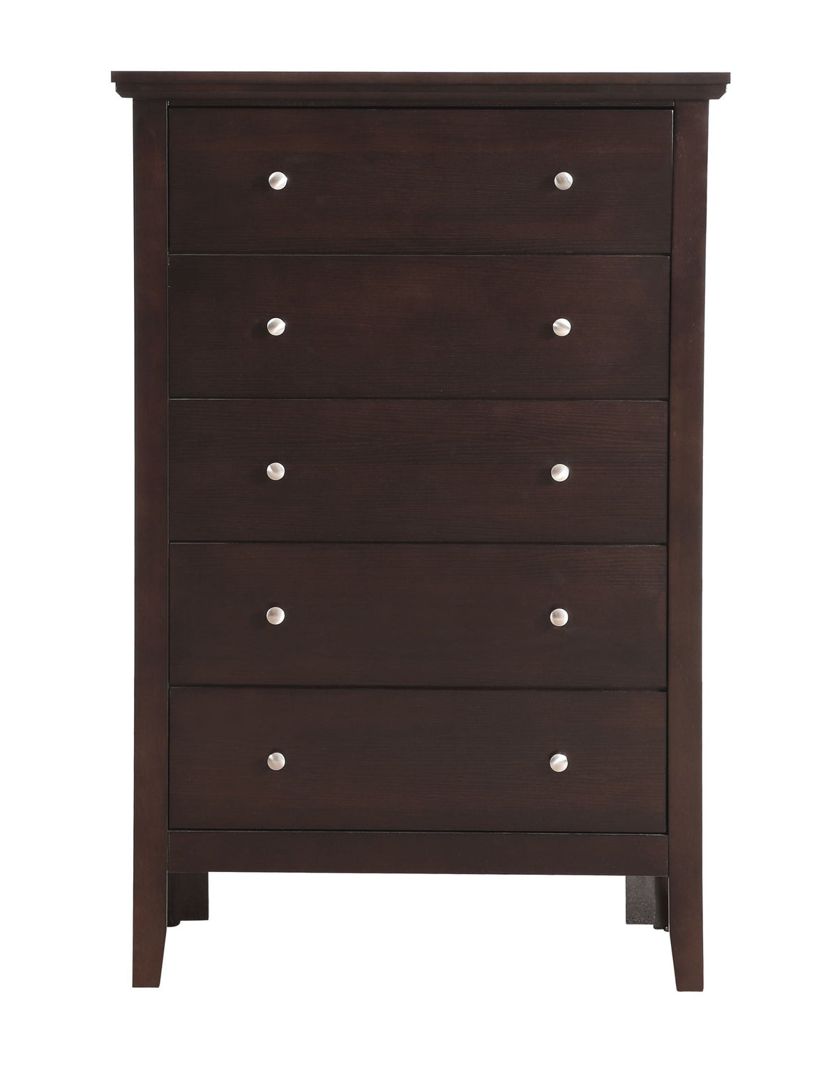 Primo Accent Chest in dark espresso with five drawers and silver knobs on Tampa Home & Garden Store