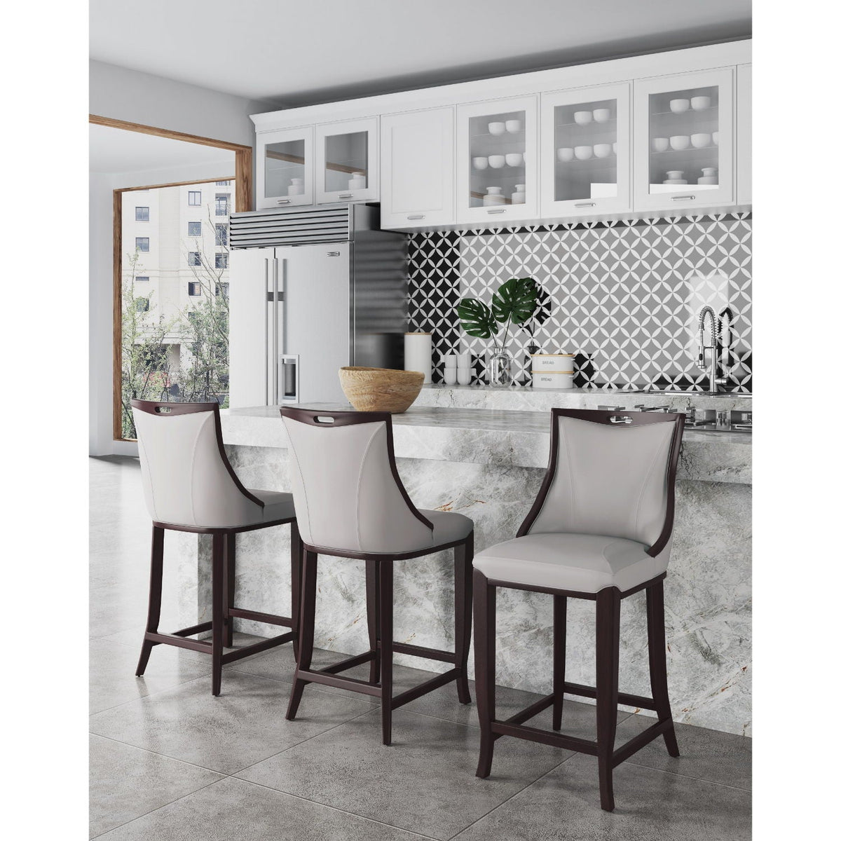 Emperor bar height barstool with backrest, dark wood frame and white upholstered seat, set of 3 on Tampa Home & Garden Store
