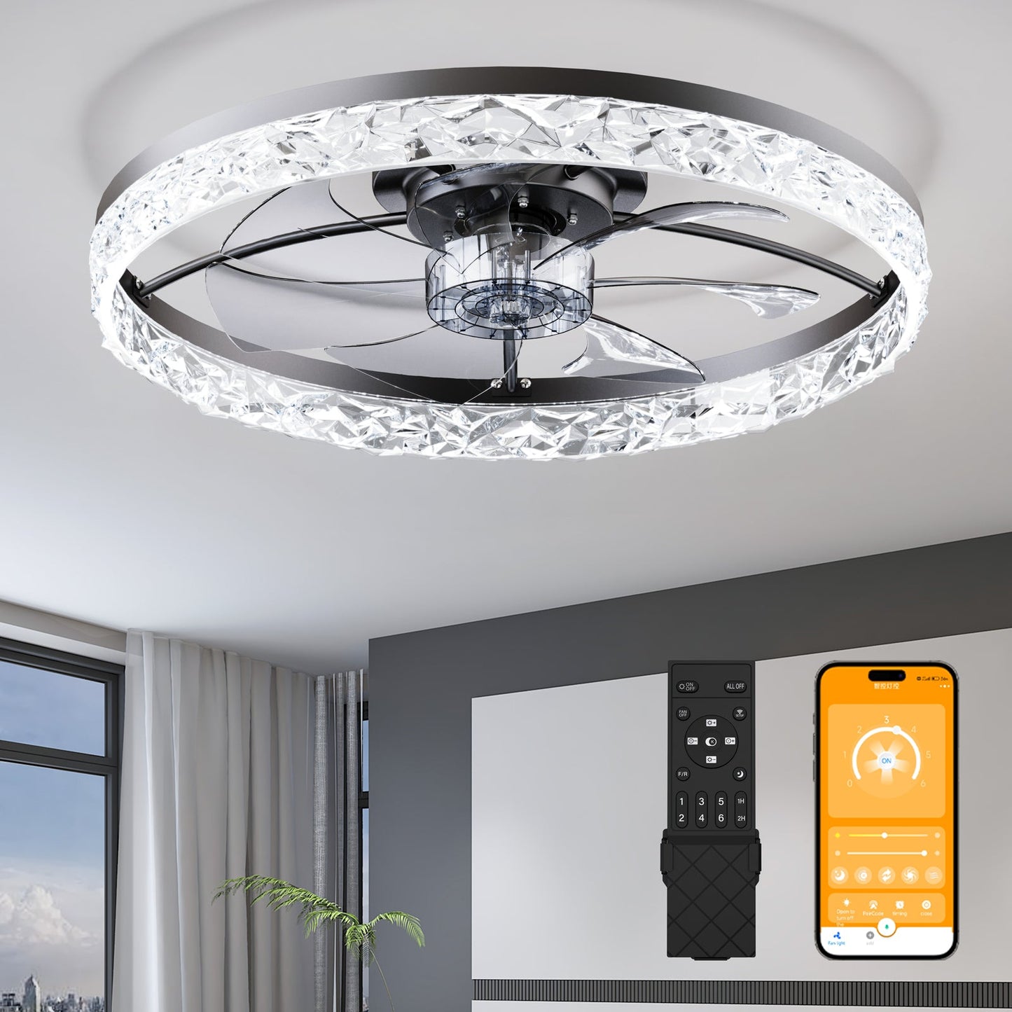 23.6 inch ceiling fan with crystal light, remote and app control, chrome blades on Tampa Home & Garden Store