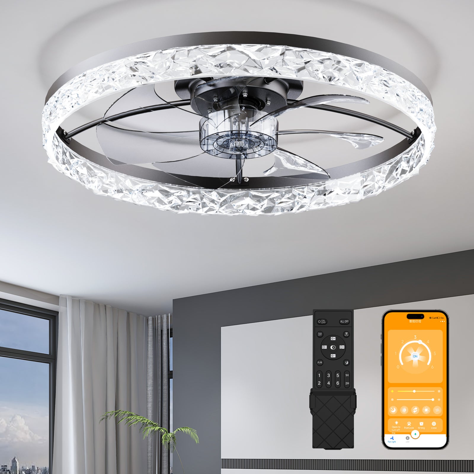 23.6 inch ceiling fan with crystal light, remote and app control, chrome blades on Tampa Home & Garden Store
