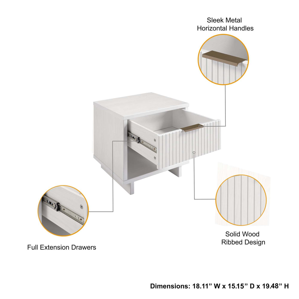 Granville nightstand with 1 drawer, white solid wood ribbed design, sleek metal handle on Tampa Home & Garden Store