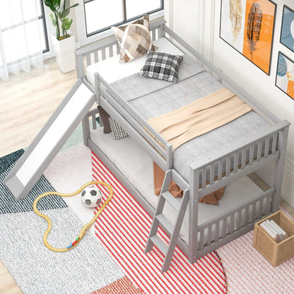 Grey wooden bunk bed with built-in white slide and ladder, two beds, Unique Piece Furniture on Tampa Home & Garden Store