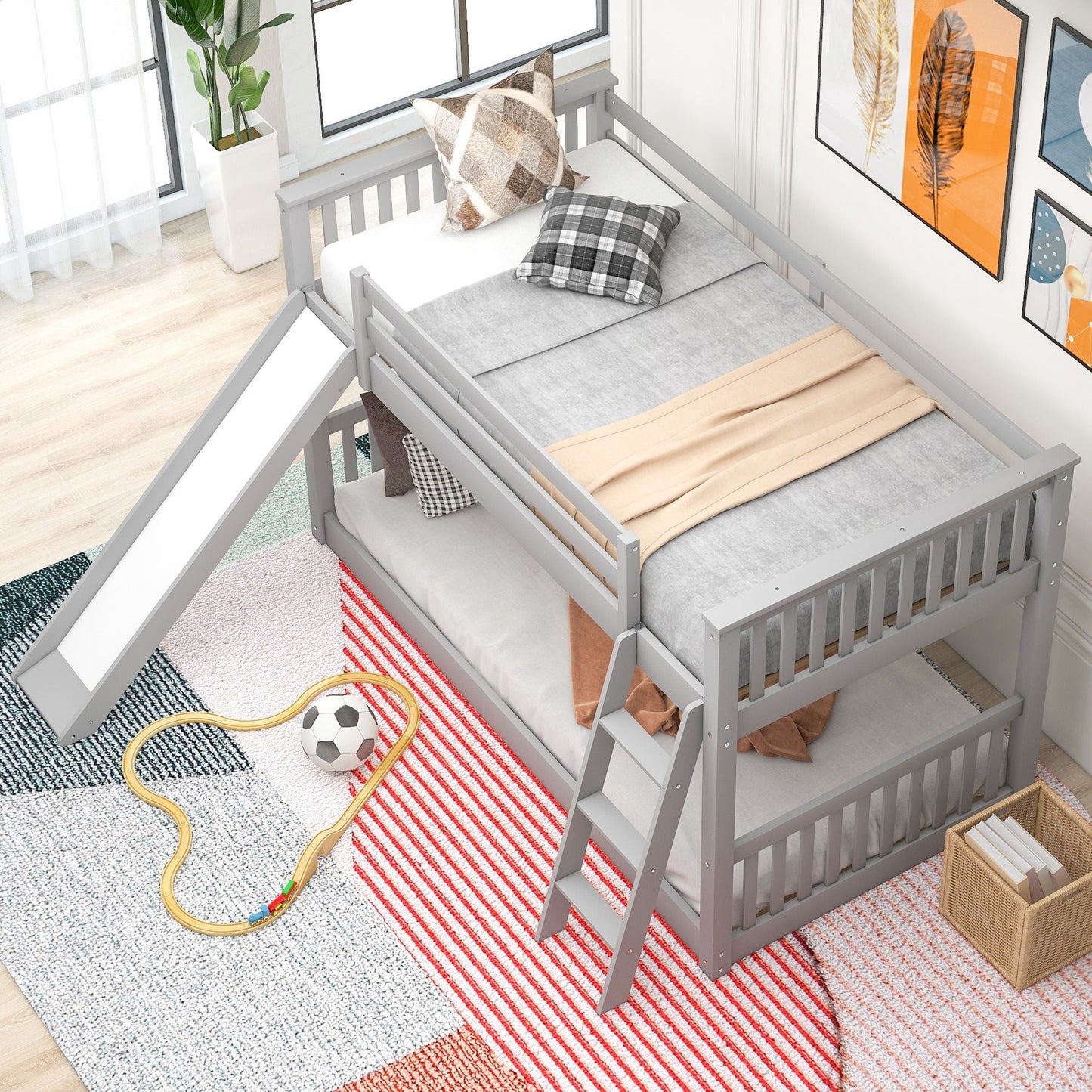 Bunk bed with convertible slide and ladder in gray wood by HouseOfZazla on Tampa Home & Garden Store