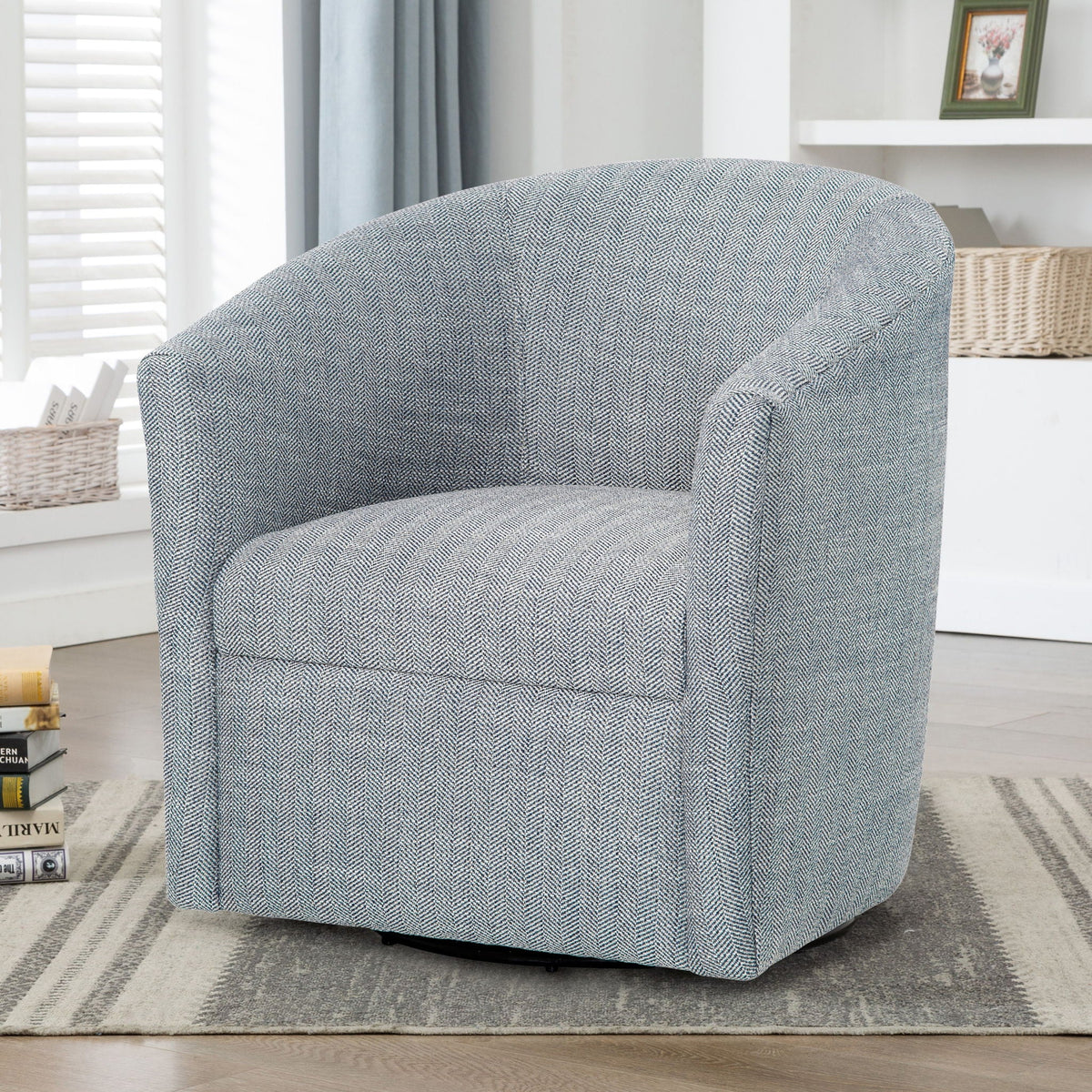 Lainey Swivel Barrel Chair gray herringbone fabric 360 rotation by HouseOfZazla on Tampa Home & Garden Store