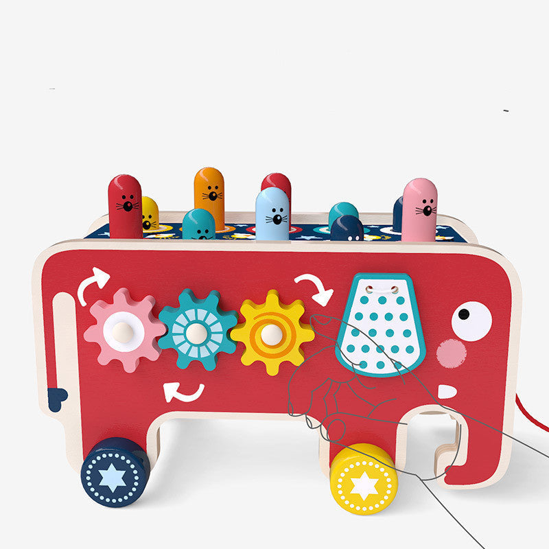 Wooden Montessori pounding bus with colorful gears and peg animals, educational toy on Tampa Home & Garden Store