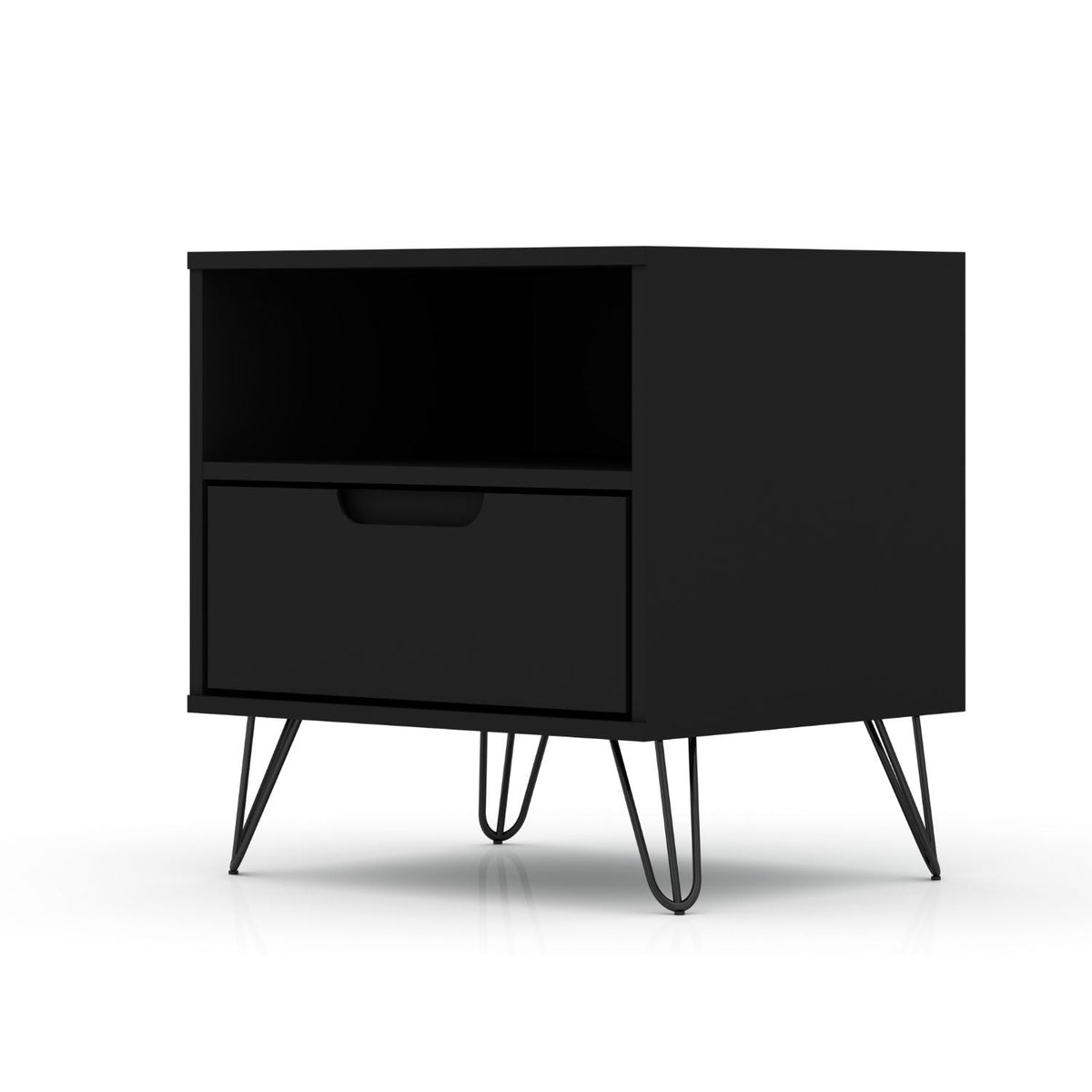 Rockefeller Nightstand with 1 drawer and open shelf, black finish, splayed hairpin legs on Tampa Home & Garden Store