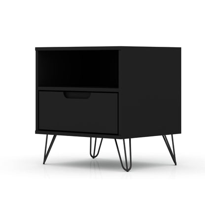 Rockefeller Nightstand with 1 drawer and open shelf, black finish, splayed hairpin legs on Tampa Home & Garden Store