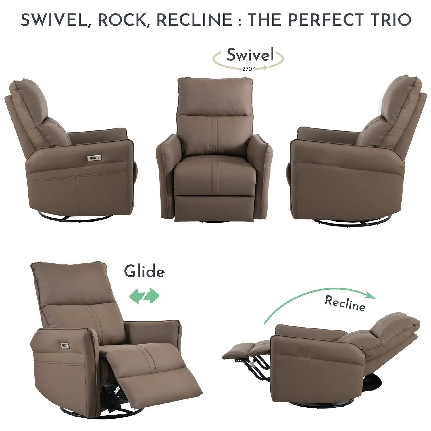 Swivel Rocker Recliner Chair taupe with USB ports, 270° swivel by Unique Piece Furniture on Tampa Home & Garden Store
