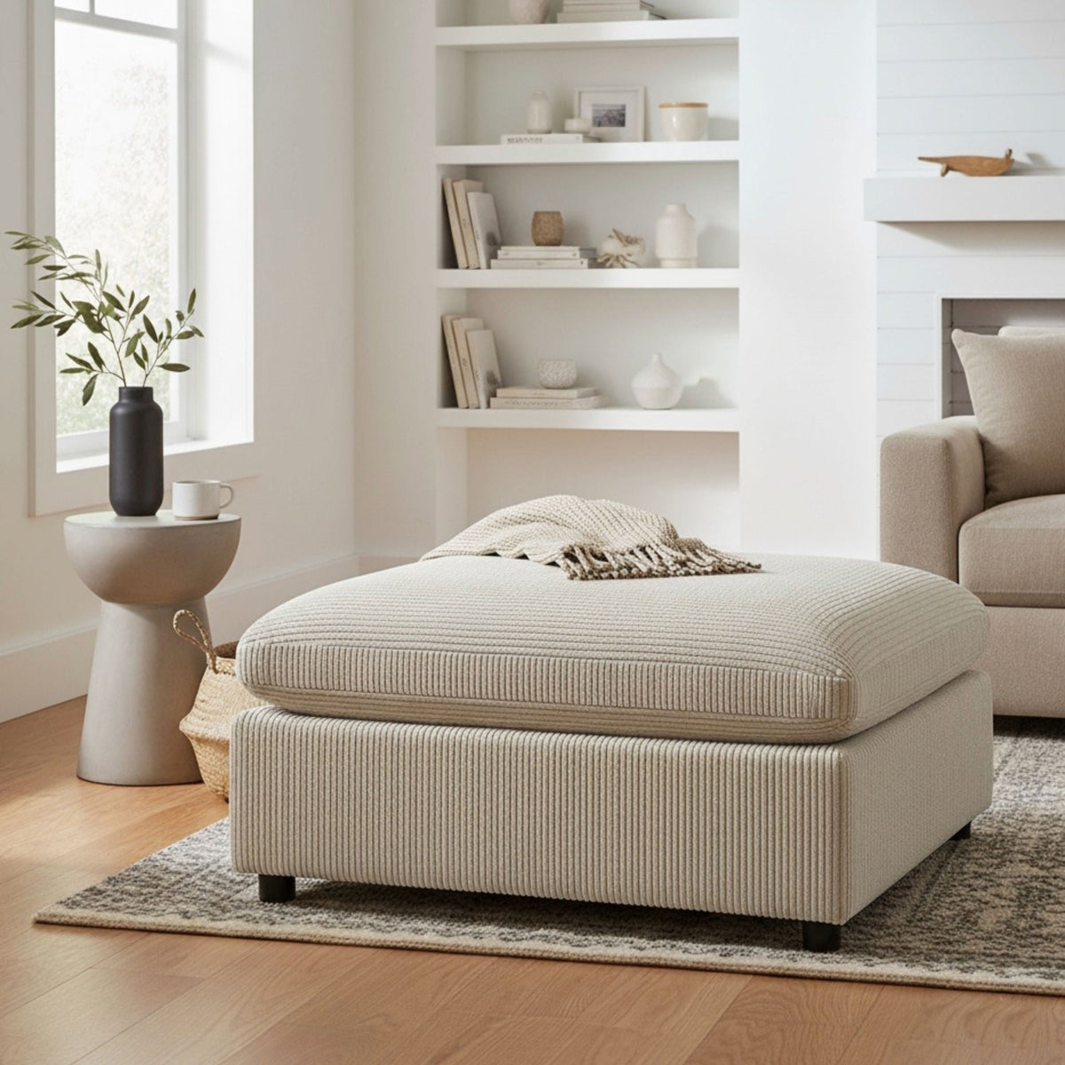 Chelsea Upholstered Ottoman with removable covers in beige striped fabric by HouseOfZazla on Tampa Home & Garden Store