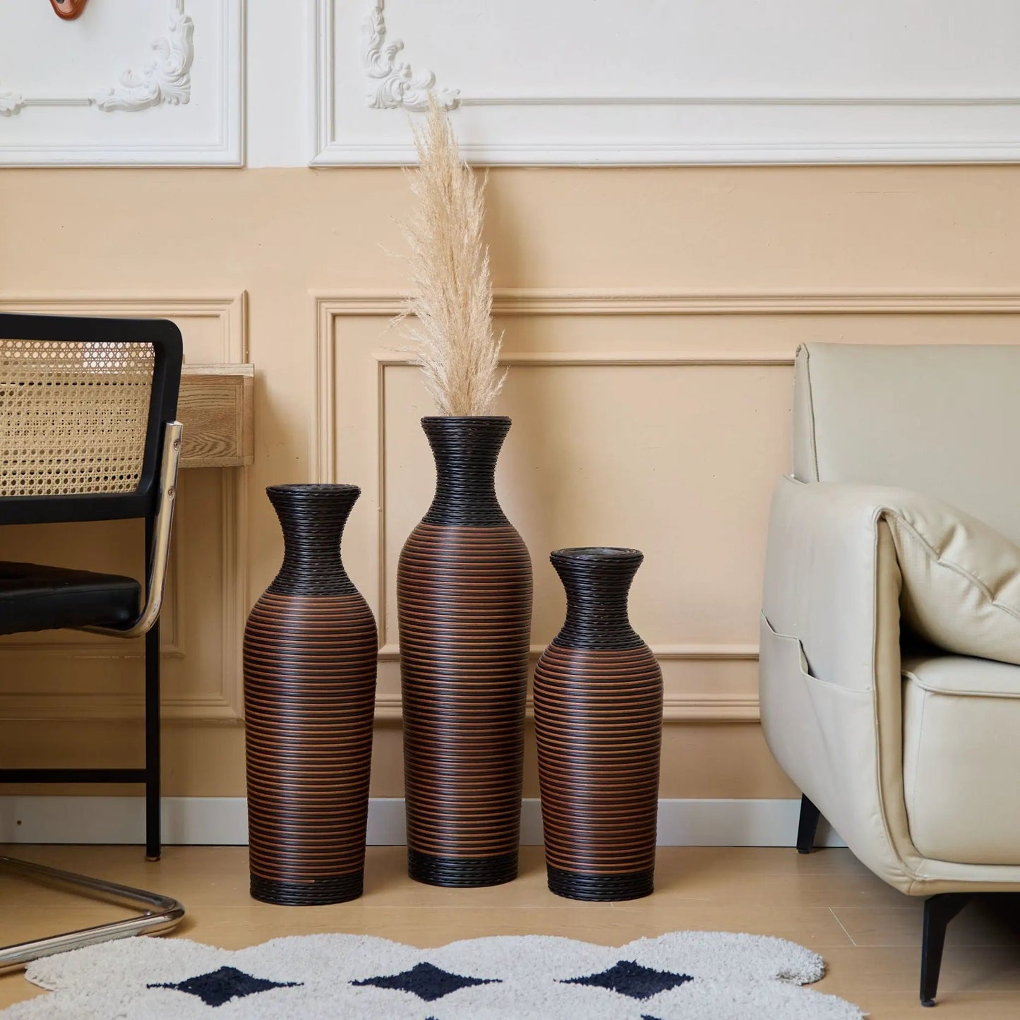 Classic And Neat Floor Vase trio, brown striped ceramic vases with pampas grass on Tampa Home & Garden Store