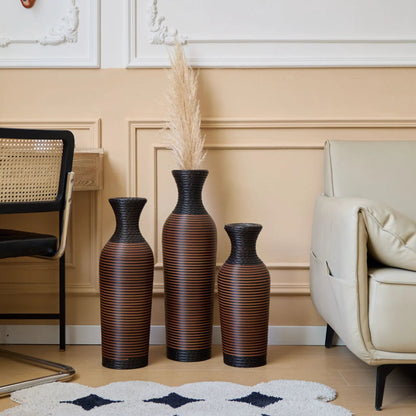 Classic And Neat Floor Vase trio, brown striped ceramic vases with pampas grass on Tampa Home & Garden Store