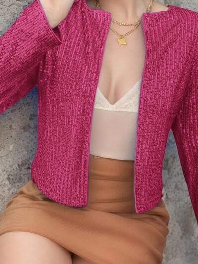 Sequin cropped jacket in pink, open-front with glamorous sparkle for party wear on Tampa Home & Garden Store