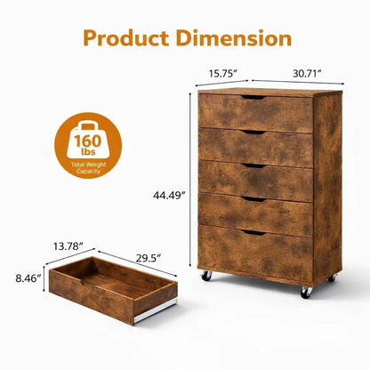 Modern 5 Drawer Dresser With Wheels in rustic brown textured finish on caster wheels on Tampa Home & Garden Store