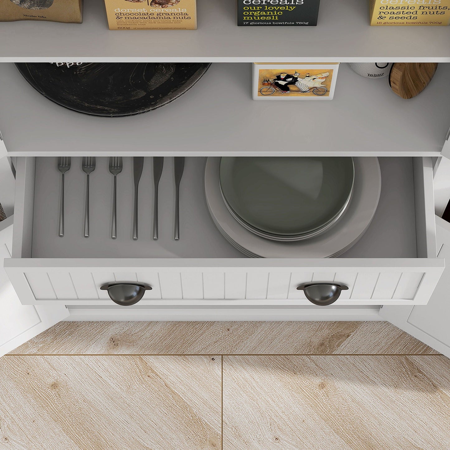 Freestanding White Kitchen Pantry and Cabinet