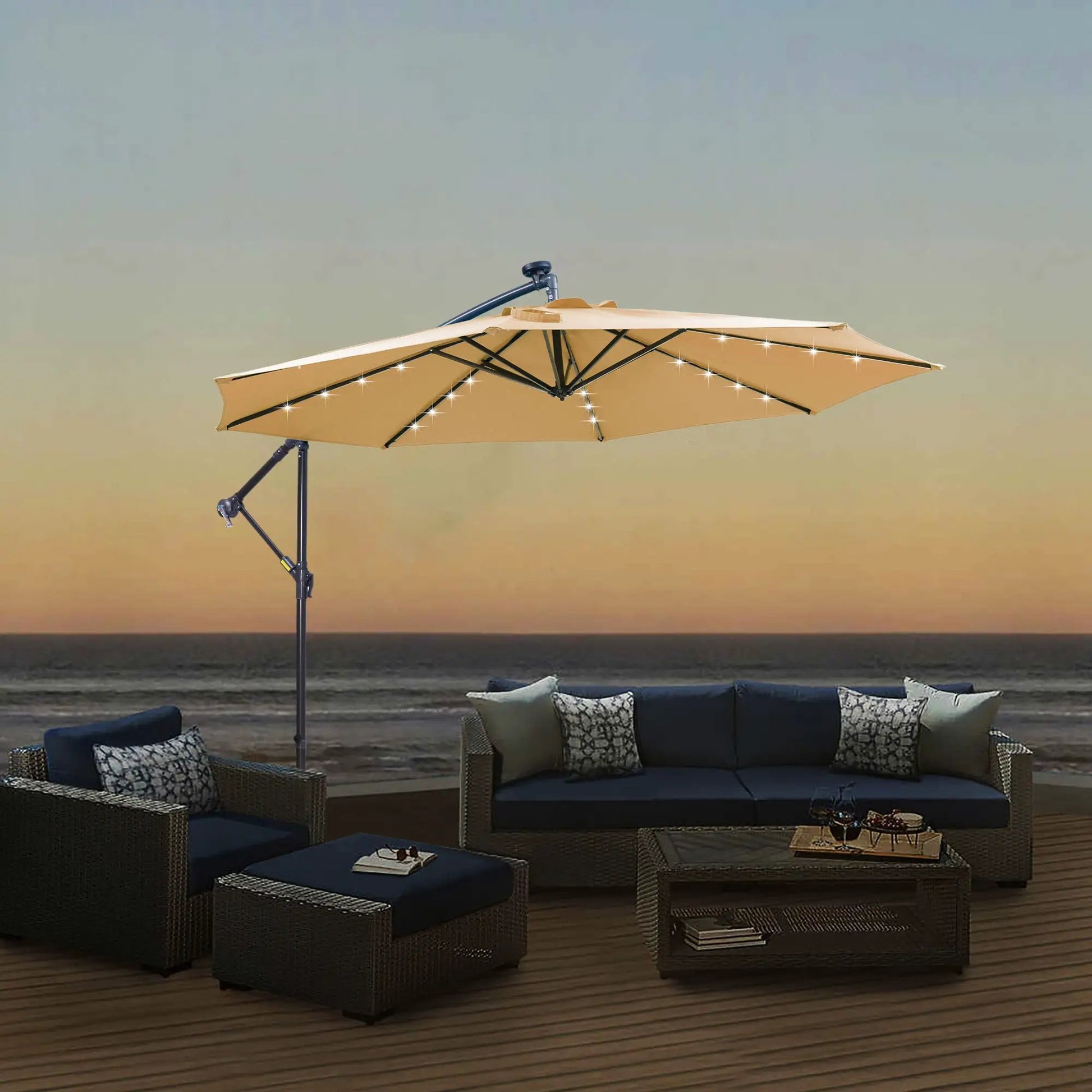 Outdoor cantilever patio umbrella with 32 LED lights, taupe fabric, 10 ft hanging design on Tampa Home & Garden Store