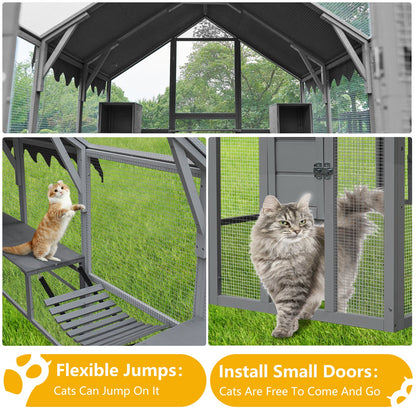 Cat House by HouseOfZazla; gray metal mesh pen & hutches with stairs and two cats on Tampa Home & Garden Store